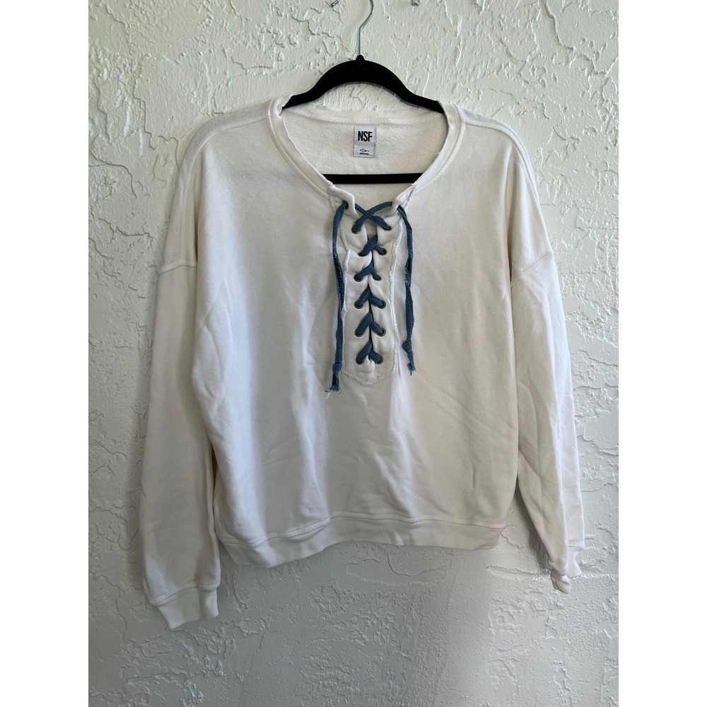NSF Clothing White Cotton Lace Up Sweatshirt Denim Detail Made in USA Small